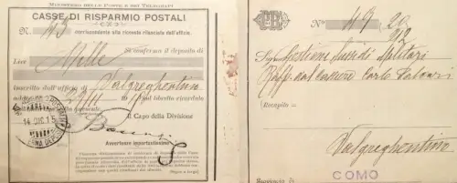 § POSTSPARKASSEN 1915 - Depotbestätigung von Como nach Valgreghentino