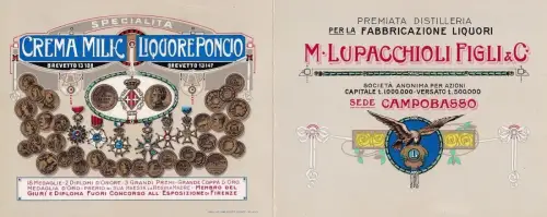 § DEKORIERTER KARTON M. LUPACCHIOLI SONS & C, PREISGEKRÖNTE DESTILLERIE, CAMPOBASSO