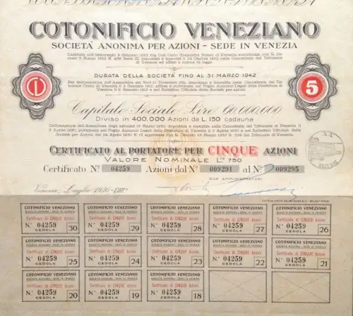 § COTONIFICIO VENEZIANO, SOC. FÜR AKTIEN 1930 - ZERTIFIKAT FÜR 5 AKTIEN
