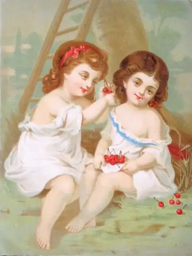 § KIRSCHEN, LITHOGRAPHIE ENDE 800 - Zwei Mädchen unter dem Baum mit Früchten