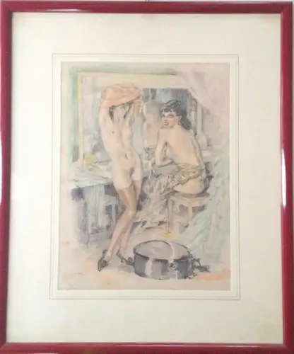 § CHIMOT - Schöne glamouröse Lithographie mit Rahmen - Zwei Tänzerinnen in der Garderobe