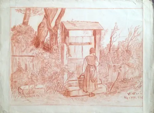 § PASTELLZEICHNUNG IN BAUERNSTEINFARBE - SIGNIERT VITTORIA 14-XII-1936