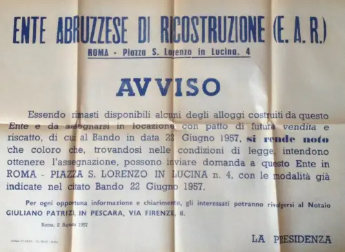 § ENTE ABRUZZESE RECONSTRUCTION PESCARA 1957 - Unterkünfte noch vorhanden
