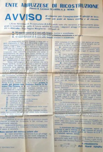 § ENTE ABRUZZESE RECONSTRUCTION PESCARA 1957 - Benachrichtigung über die Zuweisung von Unterkünften