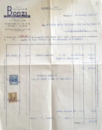 § DITTA ANTONIO BONZI, TEXTILIEN NEUHEIT - RECHNUNG AUF BRIEFKOPF. - 1942
