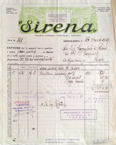 § RECHNUNG AUF SOC. ANONIMA SERENA, GENOVA-NERVI 1929