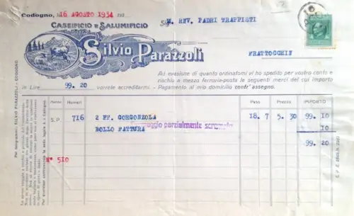 § RECHNUNG AUF PAPIER INT. SILVIO PARAZZOLI, CASEIFICIO E SALUMIFICIO, CODOGNO 1934