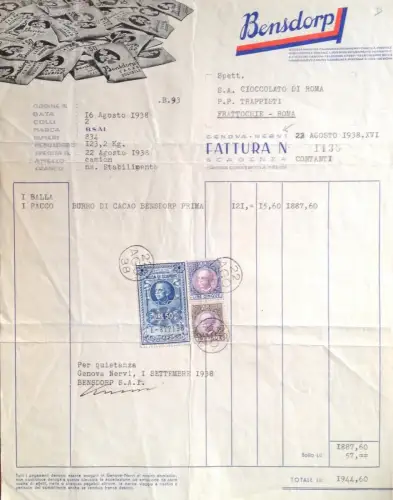 § RECHNUNG AUF PAPIER INT. BENSDORP, GENOVA-NERVI 1938 - MARKEN L.50, L.5, L.2