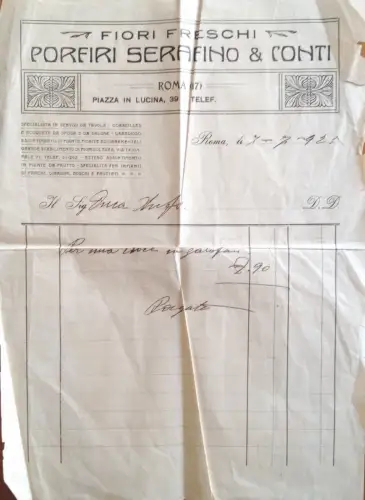 § FRISCHE BLUMEN FIRMA PORPHIRI, ROM 1925 - QUITTUNG AUF BRIEFKOPF