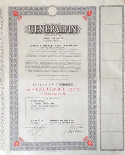 § GENERALFIN, AKTIENGESELLSCHAFT - 25 AKTIEN, KOPFZEILE 2.5.1966