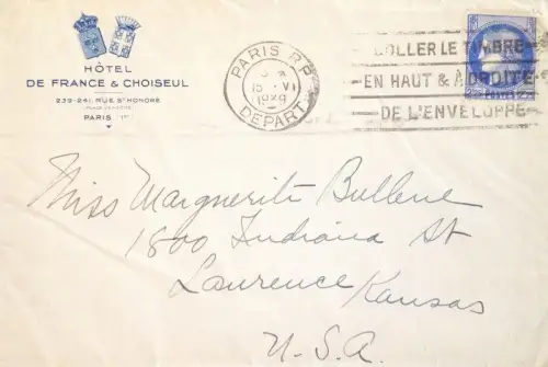 § HOTEL DE FRANCE & CHOISEUL 1939 - Frank. 2,25 Fr. für USA - Umschlag und Brief