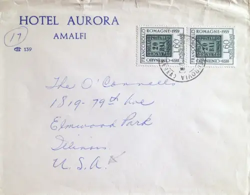 § HOTEL AURORA AMALFI 1960 - PAAR L.60 CENT. FRANC. ROMAGNE PER U.S.A.
