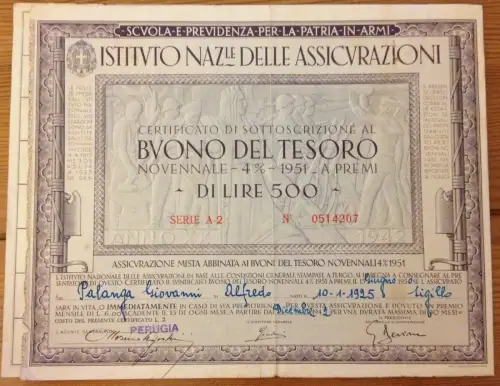 § IST. NAZ. VERSICHERUNGEN 1942 - NOVENNJÄHRLICHER SCHATZGUTSCHEIN, 1951 MIT PRÄMIEN