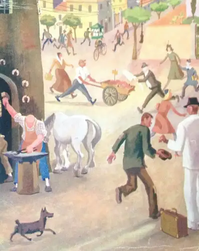 § FARBILLUSTRATION AUS MAGAZIN 30ER JAHRE - HEKTISCHES LEBEN IN DER STADT"