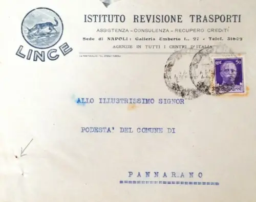 § LINCE IST. TRANSPORTÜBERPRÜFUNG - Reisebriefumschlag. von Neapel nach Pannarano