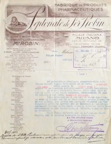 § BRIEF AUF KARTE INT. PEPTONATE DE FER ROBIN, FILIALE ITALIANA - MILANO 1922