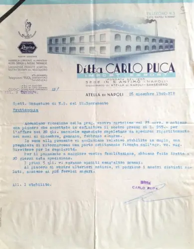 § BRIEF AUF KARTE INT. DITTA CARLO PUCA IMPORT-EXPORT, S.ANTIMO 1940