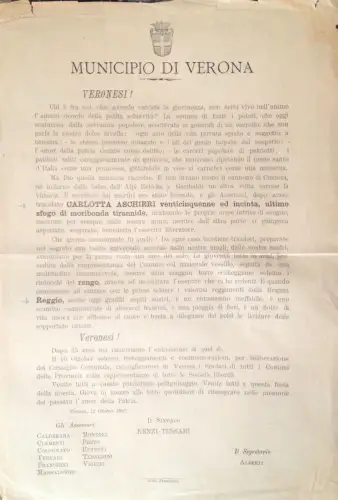 § PLAKAT MIT WAPPEN, VERONA 1891 - Bürgermeister gedenkt Carlotta Aschier