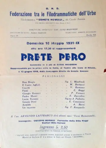 § PLAKAT - O.N.D. FED. FILODRAMATICHE URBE - Prete Pero 1931
