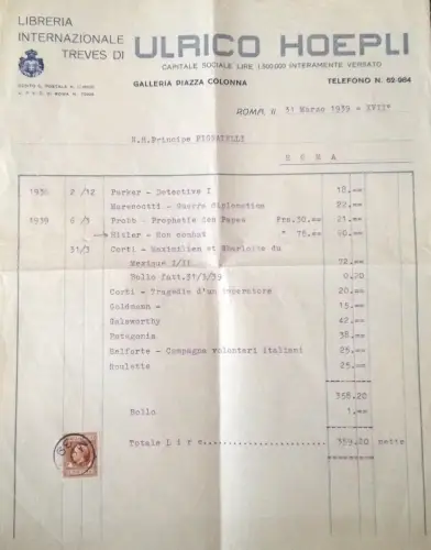 § HOEPLI BUCHHANDLUNG 1939 - Rechnung mit Marke L.1 mit dem Briefkopf Prinz Pignatelli