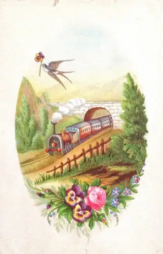 § LITHOGRAPHIE - GRUSSKARTE ENDE 800 MIT ZUG, SCHWALBEN UND BLUMEN