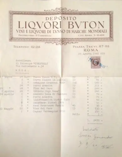 § LIKÖRE BUTON 1941 - RECHNUNG AUF BRIEFKOPF FÜR PRINZ PIGNATELLI