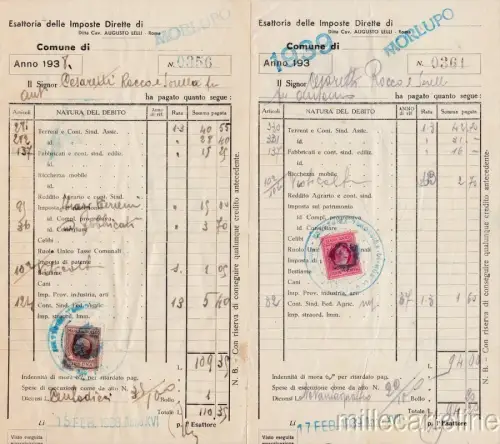 § MORLUPO 1938/39 - 2 Quittungen Exattoria imp. direkte Stempelmarke c.20 und L.1