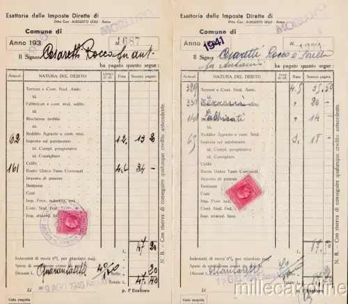 § MORLUPO 1940/41 - 2 Quittungen Exattoria direkte Steuern mit Stempelmarke c.20