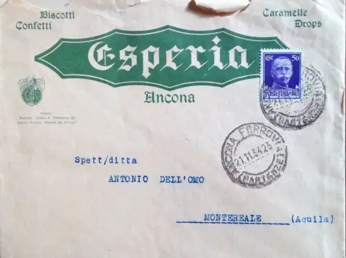 § MONTEREALE 1934 - UMSCHLAG MIT STEMPELN, MARKE C.50 UND ÖFFENTLICHEM KOPF. ESPERIA