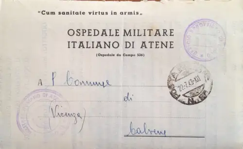 § P.M. 22.7.43, KRANKENHAUS MILIT. ITALIENISCHER AUS ATHEN, HODENOPERIERTER SERGEANT