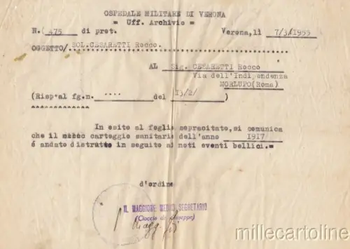 § MILITÄRKRANKENHAUS VERONA 1955 - MITTEILUNG ÜBER GESUNDHEITSKARTE VON 1917