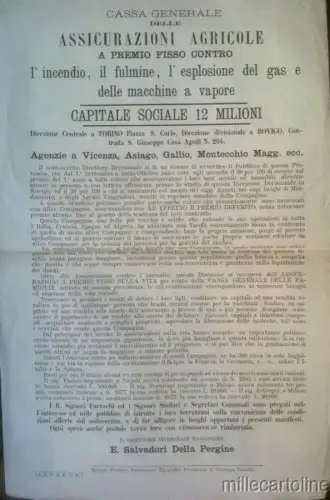 § KLEINES VERSICHERUNGSPLAKAT. LANDWIRTSCHAFT - Agenturen in Vicenza, Asiago, Gallio