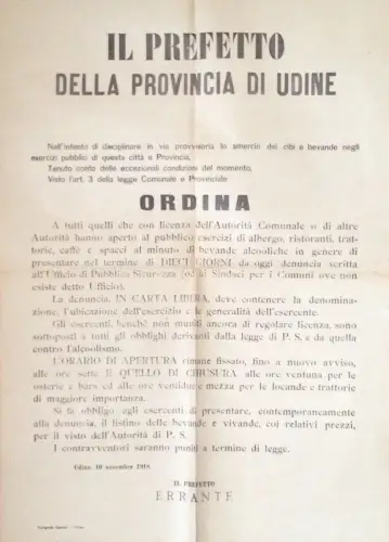 § PREFEKTUR UDINE 1918 - Anordnung zur Anzeige des Verkaufs von Spirituosen und Lebensmitteln