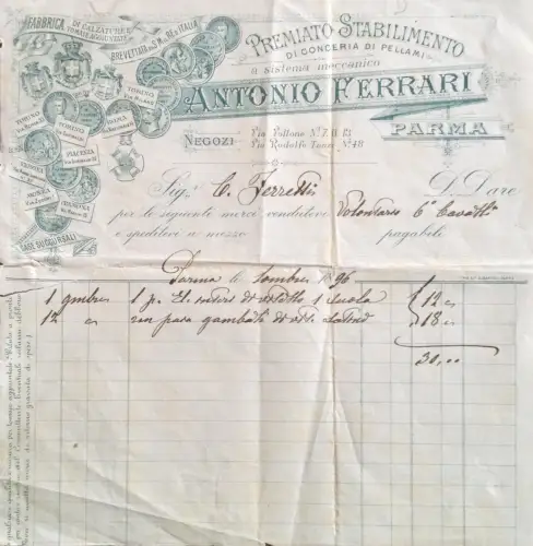 § PREMIATO STABILIM. CONCERIE DI PELLAMI ANTONIO FERRARI, PARMA - RECHNUNG 1896