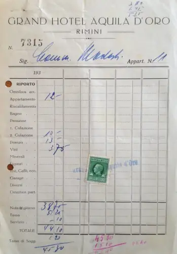 § RIMINI 30ER JAHRE - GRAND HOTEL GOLDENER ADLER - KONTO UND RECHNUNG MIT MARKE
