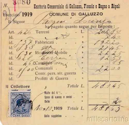 § QUITTUNG KONSORTIAL EXATTORIA DI GALLUZZO MIT MARKE 1919