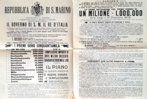 § S.MARINO, FALTBAR 1908 - Prämienleihe mit Auszug. - Die Preise 1 Million