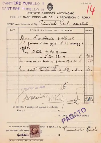 § ROM 1942 - BAUSTELLE VOLKSHÄUSER TUFELLO II UND III - QUITTUNG L. 110