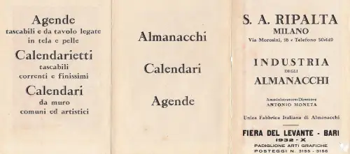 § S. A. RIPALTA MILANO 1932 - Industrie Almanache, Prospekt, Propaganda