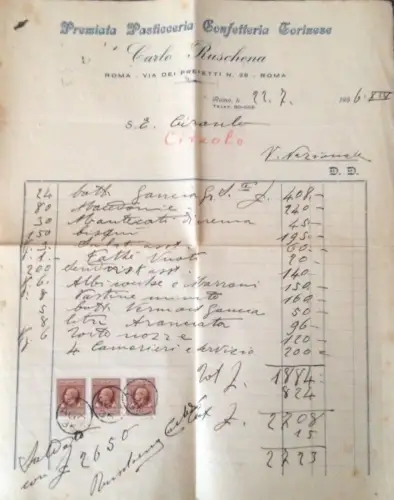 § ROM 1936 - PASTICC. TURINESE RUSCHENA - RECHNUNG MIT 3 MARKEN L.1 ZUR ERFRISCHUNG