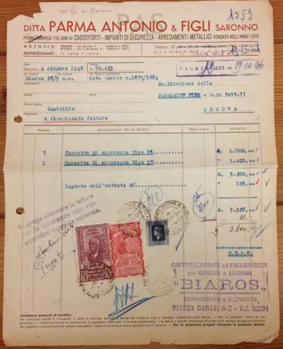 § SARONNO 1946 - BRIEF INT. DITTA A. PARMA - SAFE MIT RECHNUNG UND 3 MARKEN