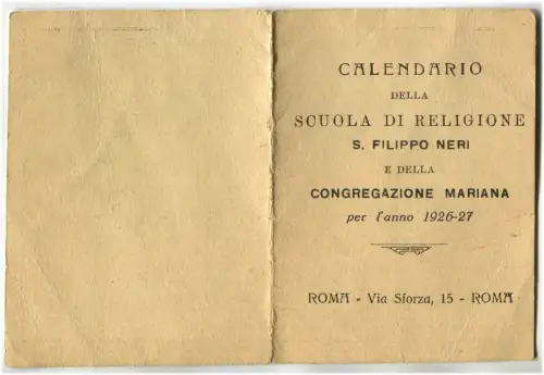 ROM, STUNDENKALENDER RELIGIONSSCHULE S. FILIPPO NERI, VIA SFORZA, 1926-27