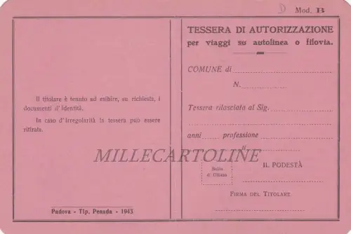 GENEHMIGUNGSKARTE für Fahrten mit der Seilbahn oder Autolinea (FARBE ROSA)