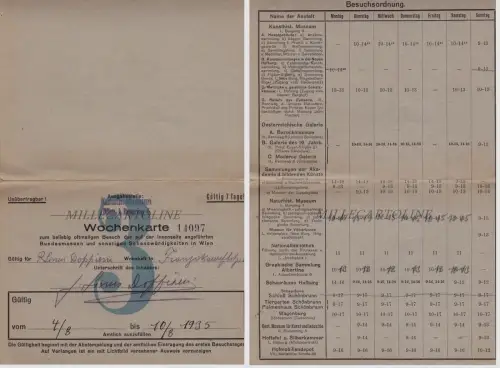 WIEN: 1935 Wochenkarte für den Besuch verschiedener Museen - Museumszeiten