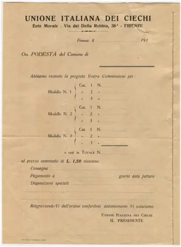 ITALIENISCHE BLINDENUNION, FLORENZ, ANFORDERUNGSFORMULAR MEDAILLEN HUNDESTEUER, '30 m