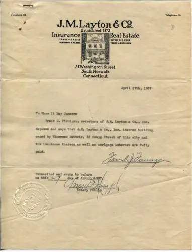 SOUTH NORWALK, CONNECTICUT (USA), LETTER HEADED J. M. LAYTON & CO. INC., 1937 m