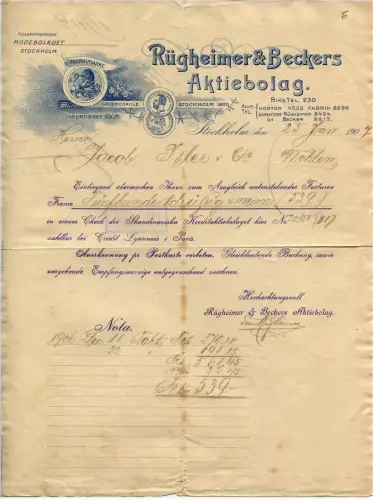 STOCKHOLM (SCHWEDEN), BILL HEADED RUGHEIMER & BECKERS AKTIEBOLAG, 1907 m