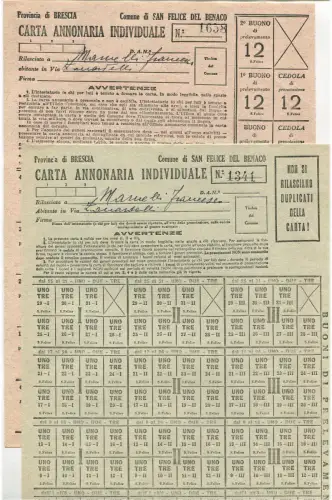 SAN FELICE BENACO (BRESCIA), 2 EINZELNE ANNONARSKARTEN, UNBENUTZT (1941) m