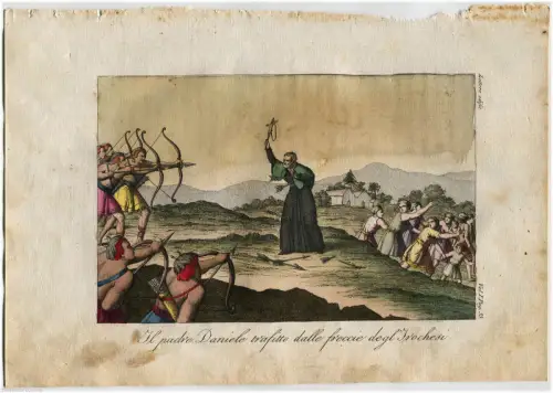 BRIEFMARKE ENDE 800, PATER DANIELE VON DEN PFEILEN DER IROKESEN durchbohrt m