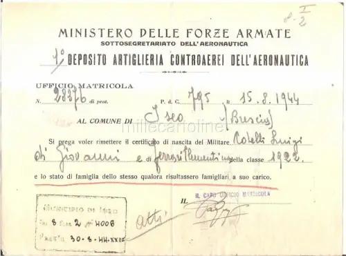 RSI 1944 Deposito Artilleria Contraerei P.d.Campo 795